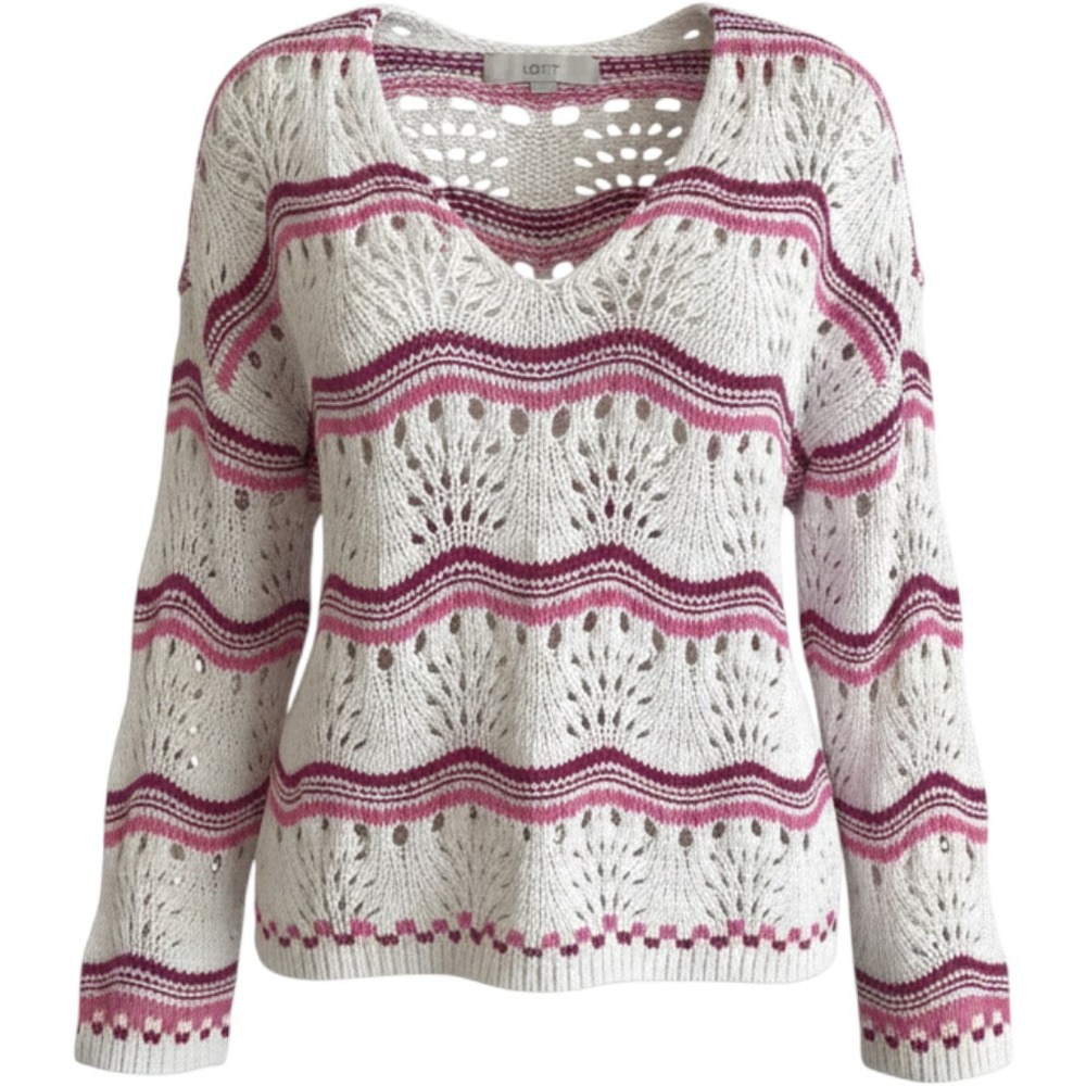 LOFT Sweater Women S White Pink Wavy Striped Pointelle Knit V Neck Cotton